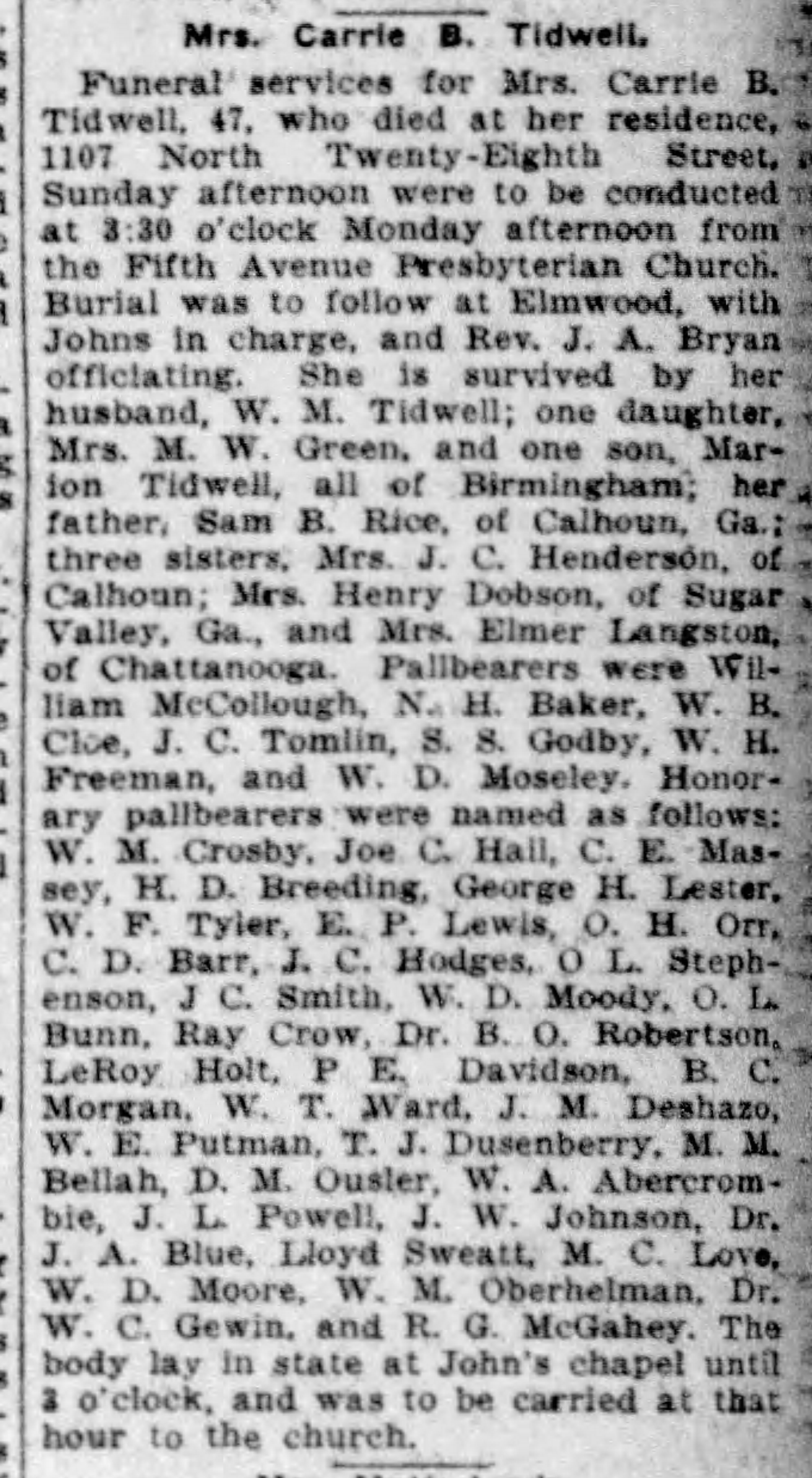 Carrie B. Tidwell obituary